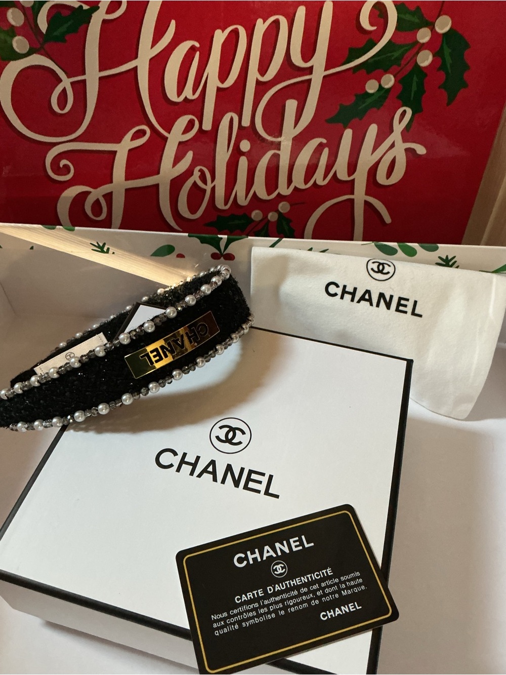 CHANEL 2006 Black and Gold Pearl-Trim Headband